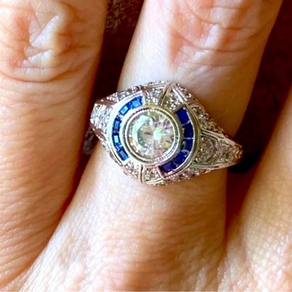 New Sterling Silver & Sapphire Art Deco Ring - Picture 5 of 6